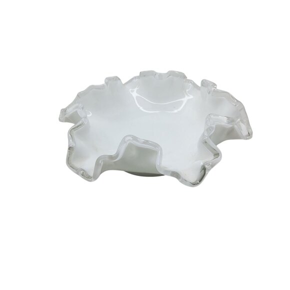 Vintage Fenton Silver Crest White Milk Glass Ruffled Edge Bowl Decorative Center - Picture 2 of 5